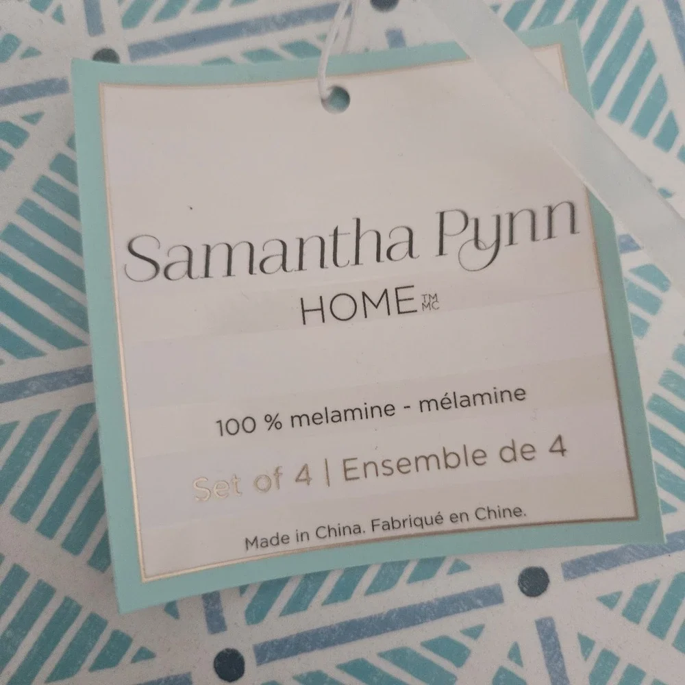 Samantha Pynn Home Melamine Dinner Plates Set 4 Teal Geometric Triangle 10.5in